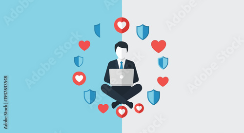 Person using a laptop surrounded by hearts and shields a silhouette