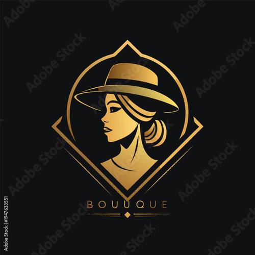 A golden elegant design featuring a woman in a hat within a geometric frame