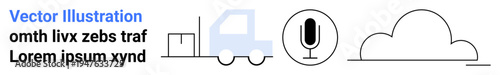 Logistical operations, digital storage, cloud technology, audio management, online communication, data sharing. Elements include a truck, cloud icon and microphone symbol. Logistics and digital