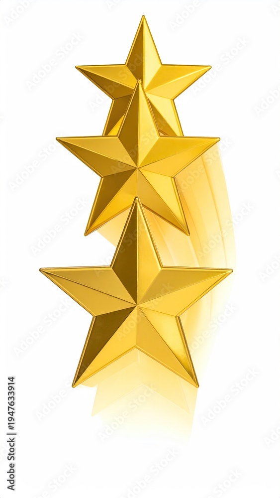Fototapeta premium Three gold stars aligned on a shiny, reflective surface