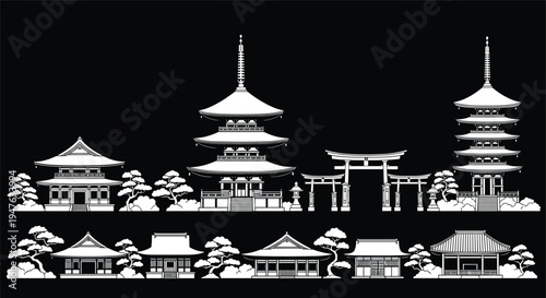 White Silhouette Japanese Temples Pagodas Torii Gates And Trees On Black Background shrine