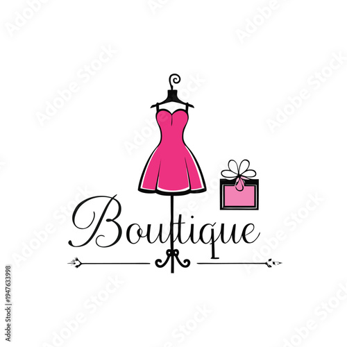 A pink dress hangs on a hanger beside a gift with the word boutique below