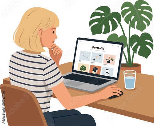 Woman sitting at desk with laptop and plant working indoors