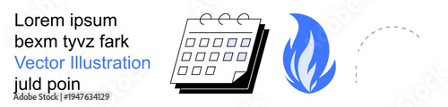 Business planning, deadlines, workflow, productivity, risk management, scheduling. Calendar with flame symbol and dashed line element. Business planning and deadlines