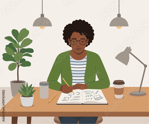 A woman sits at a desk writing with a pencil in a modern room