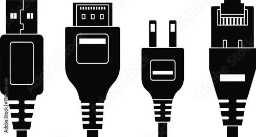 Set of black computer cable connector icons including USB HDMI power plug and ethernet RJ45 for hardware connectivity and technology design