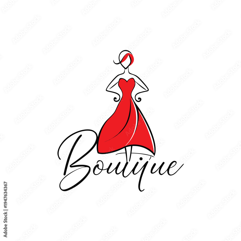 Obraz premium A minimalist sketch depicts a woman in a red dress with the word boutique scripted below
