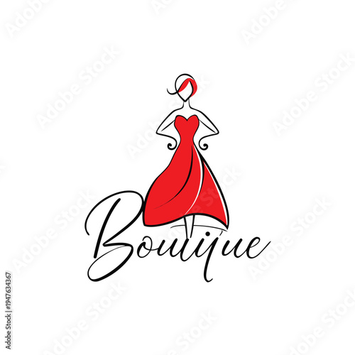 A minimalist sketch depicts a woman in a red dress with the word boutique scripted below