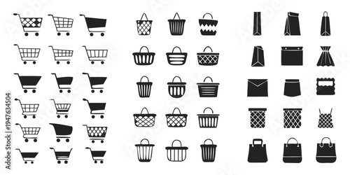Shopping cart, basket, bag icon set. Linear shop icon set. 