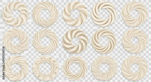 A collection of swirling cream-colored pastry illustrations on a transparent background.