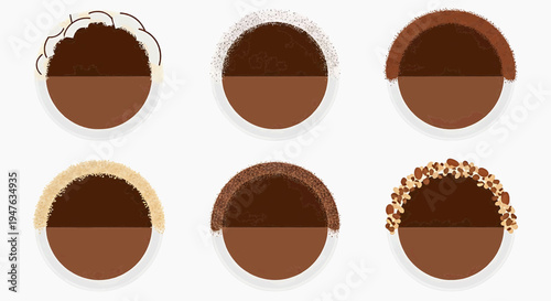 A digital illustration of six brown circular food objects with various toppings on a white background.