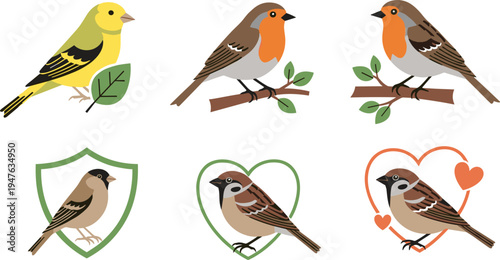 Cute Bird Illustrations Set Featuring Sparrows, Robin, and Finch with Heart and Shield Designs for Nature and Wildlife Projects