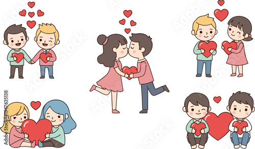 Cute Cartoon Couples with Heart Illustrations Featuring Kissing, Holding Hands, and Sharing Love for Valentine’s Day and Romance Designs