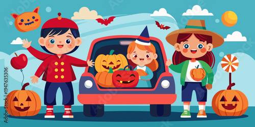 Trick or trunk. Children celebrating Halloween in trunk of car. Boy and girl with red pumpkins celebrating traditional October holiday outdoors. Social distance and safe alternative