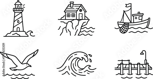 Nautical icons set with lighthouse, boat, and wave