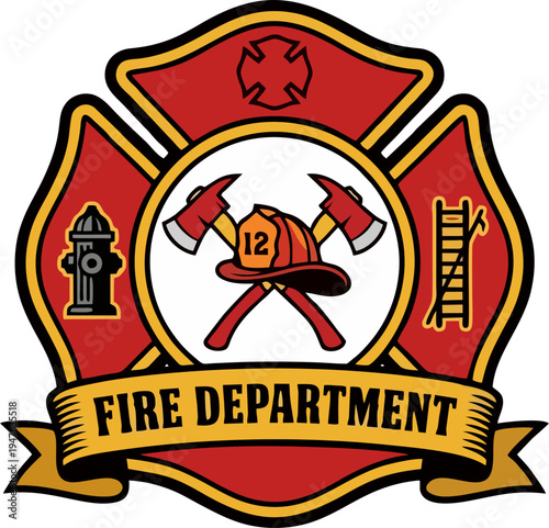 Fire Department Maltese Cross Emblem with Crossed Axes, Firefighter Helmet, Fire Hydrant and Ladder – Vector Illustration