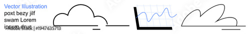 Data interpretation, weather forecasting, technology visualization, cloud computing, data management, statistics tracking. Minimalist clouds with a graph showing data trends. Data interpretation