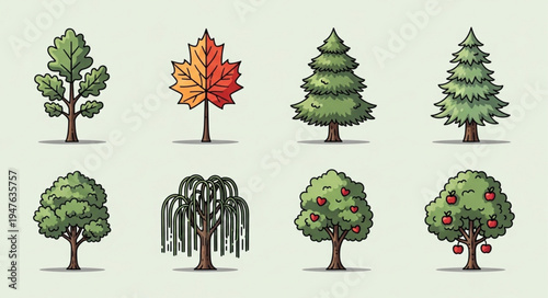 Diverse Tree Illustrations - Oak, Maple, Evergreen, Willow, and Apple.