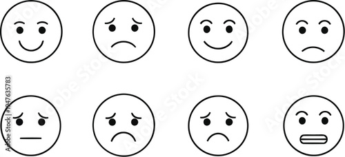 Set of simple line drawing emoticons with various facial expressions isolated on transparent background