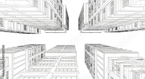 Wireframe perspective view of multiple apartment buildings against a white background architecture residential