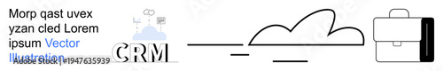 Cloud computing, business management, data storage, CRM systems, corporate tools, minimal design. Visual elements include a cloud, suitcase and CRM text. Cloud computing and business management