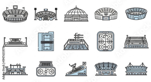 Collection of Stadium Illustrations - Diverse Architectural Designs for Sports and Events.