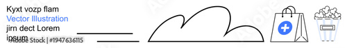 Digital services, online shopping, cloud computing, mobile healthcare, data storage, leisure. Minimalist cloud line art with a medical bag and popcorn. Cloud computing and online shopping concept
