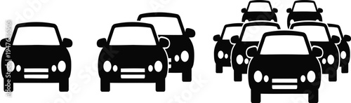 Set of black car icons showing single vehicle and traffic jam groups for automotive transport road safety and urban city navigation