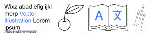 Education, translation, online learning, literary studies, personal growth, multilingual communication. Open book with text, cherry stem and upward arrows. Education and translation concept