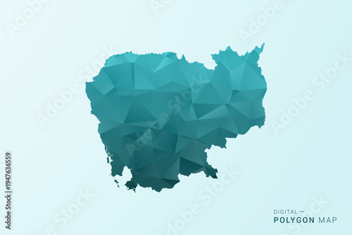 Billede på lærred Cambodia Map - Polygon style vector illustration in teal blue-green low poly geometric design, modern minimal silhouette