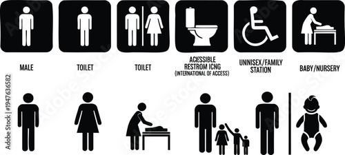 \Set of restroom signage icons including male female disabled access baby changing station and family nursery symbols for public facility navigation