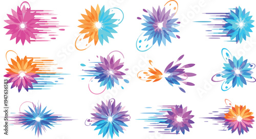 Colorful Abstract Flower Burst Collection with Dynamic Motion Effects Modern Decorative Floral Graphic Elements SetColoCollection with Dynamic Motion Effects Modern Decorative Floral Graphic 