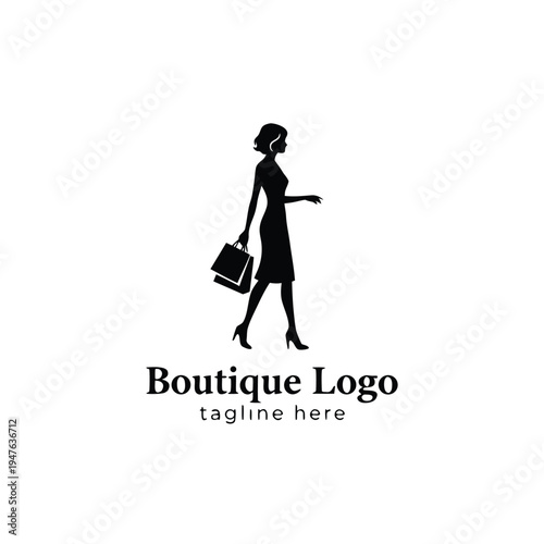 A silhouette of a woman carrying shopping bags accompanies a boutique logo and tagline