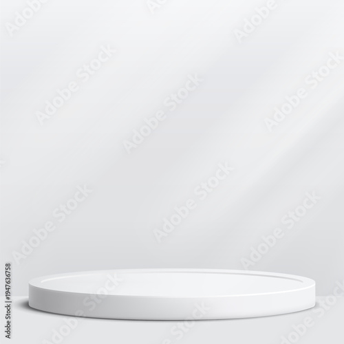 Round podium platform for product presentation. Minimal pedestal stage for display, showcase, advertising, branding. Modern design concept. Vector illustration. Realistic 3D scene mockup. White color.