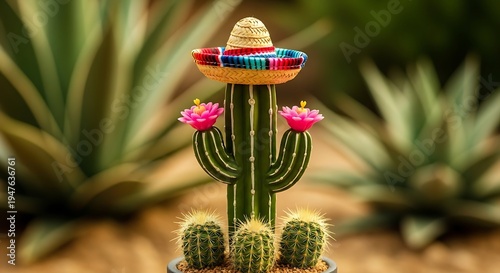 Vibrant cinco de mayo cactus decoration with sombrero and pink flowers