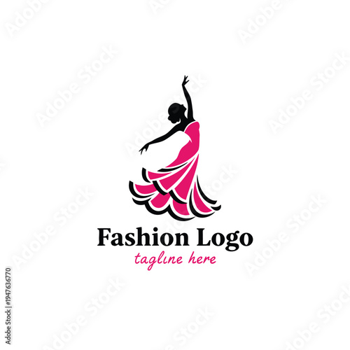 A stylized logo depicts a woman dancing in a flowing pink dress with text below