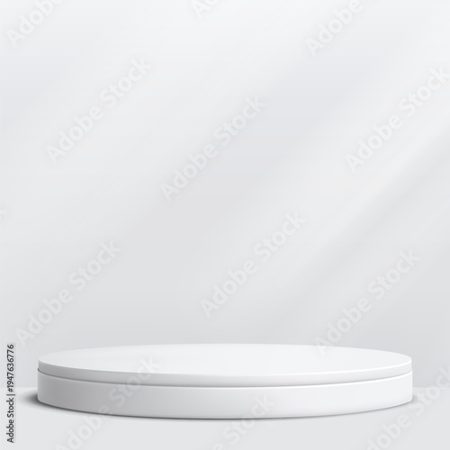 Round podium platform for product presentation. Minimal pedestal stage for display, showcase, advertising, branding. Modern design concept. Vector illustration. Realistic 3D scene mockup. White color.