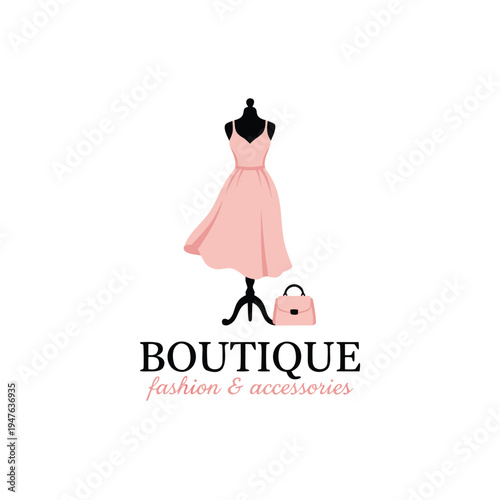 A pink dress hangs on a mannequin beside a handbag with boutique text high quality