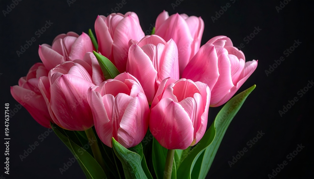 Fototapeta premium A close-up shot of a bouquet of blooming pink tulips. Their petals are delicate and fully opened. The flowers sit against a black background