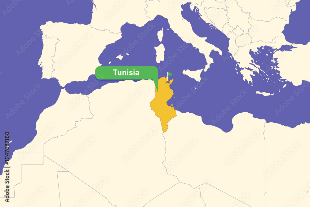 Fototapeta premium Highlighted infographic map illustration of Tunisia, ideal for education, travel guides, and geography presentations.