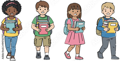 Cartoon Illustration of Four Diverse Children Carrying Books and Backpacks for School, Education, and Learning Themes