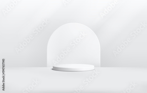 Round podium platform for product presentation. Minimal pedestal stage for display, showcase, advertising, branding. Modern design concept. Vector illustration. Realistic 3D scene mockup. White color.