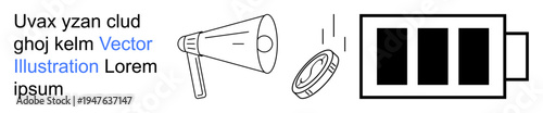 Communication, energy, advertising, technology, awareness, promotion. Minimalist illustration of a megaphone, battery and ring. Communication and energy as through graphic symbols