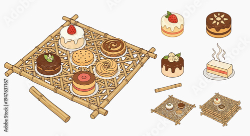 A vibrant picnic scene featuring an assortment of cakes and desserts on a decorative mat and plates.