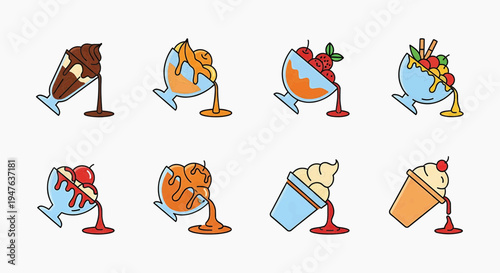 A vibrant collection of dessert icons featuring various sweet treats on stands