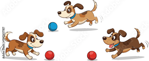Cartoon Illustration of Playful Dogs Fetching Balls for Fun, Pet, and Active Outdoor Activity Themes