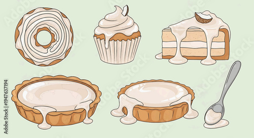 A variety of sweet treats including donuts, cupcakes, cakes, and pies are displayed on a table.