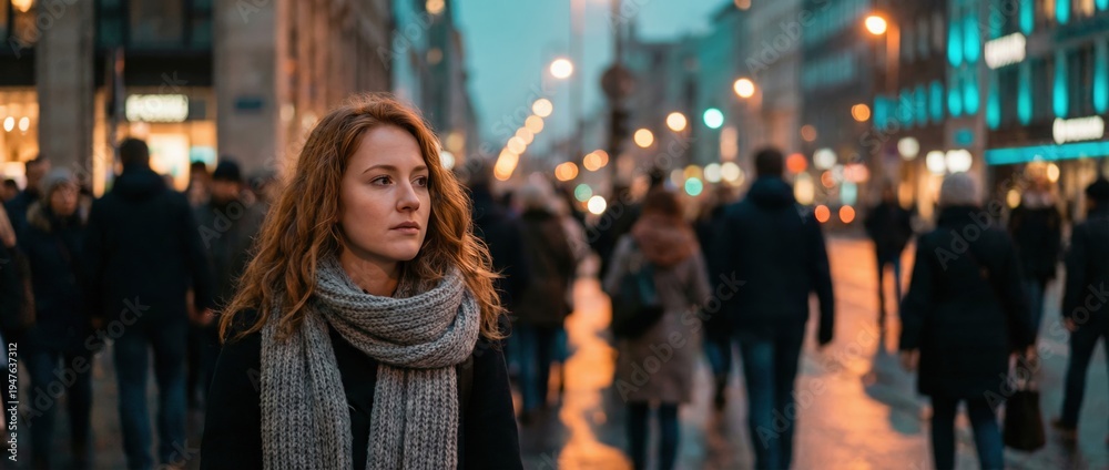 Obraz premium Urban evening stroll a woman navigating through a busy city street lifestyle photography twilight ambiance pensive mood