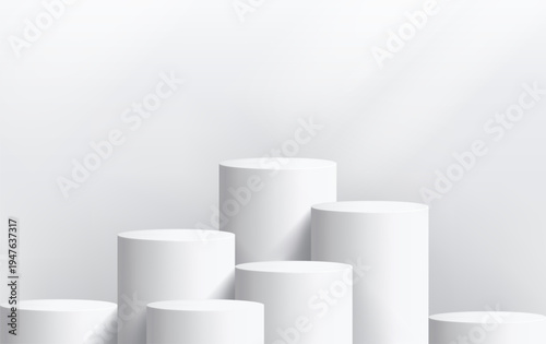 Round podium platform for product presentation. Minimal pedestal stage for display, showcase, advertising, branding. Modern design concept. Vector illustration. Realistic 3D scene mockup. White color.