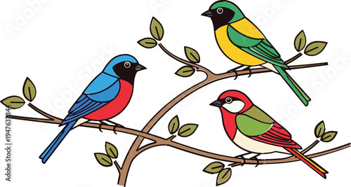 Cartoon Illustration of Colorful Birds Sitting on Branches for Nature, Wildlife, and Avian Lovers Themes